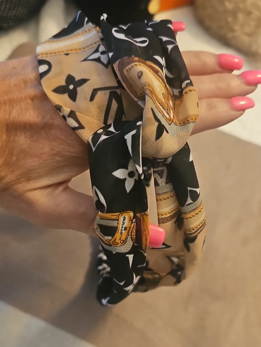 Black & Beige LV Patterned Knotted Headband